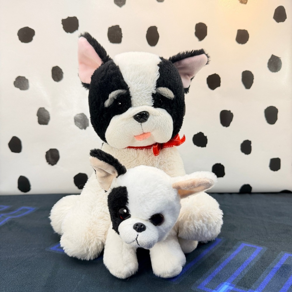 Wal-Mart French Bulldog Boston Terrier Plush Lot Mom & Puppy Red Ribbon